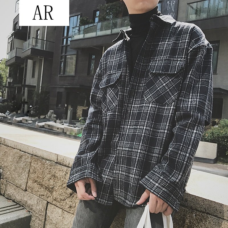 2018秋装新款男士日系复古加厚宽松破口格子长袖衬衫毛呢磨毛休闲潮流衬衣