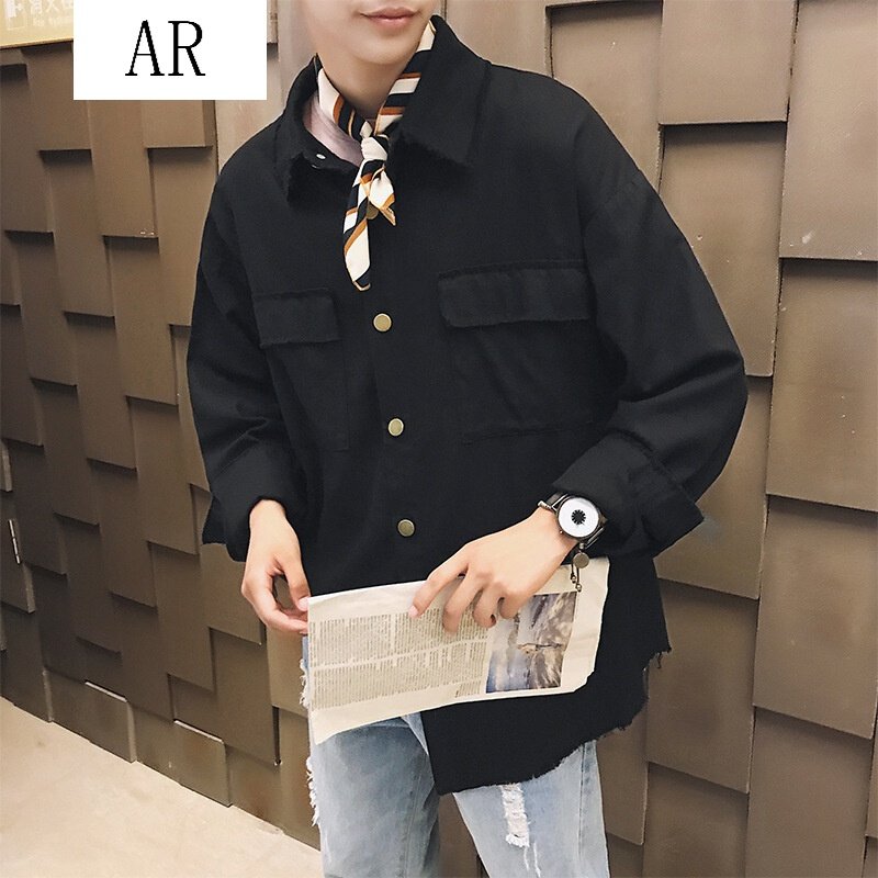 2018春秋季男士毛边长袖衬衫外套韩版学生潮流宽松衬衣青少年秋季休闲百搭寸衫男