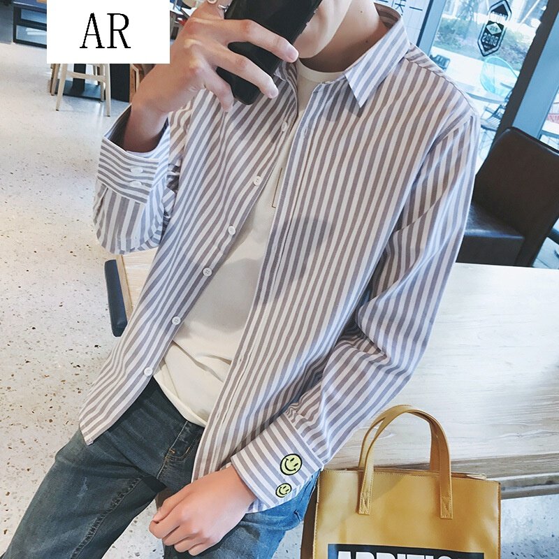 男士衣服秋季新款港风潮流笑脸刺绣条纹学生褂子社会小伙韩版青少年休闲修身正装长袖衬衫男