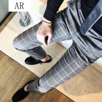 青年裤子秋季薄款长裤休闲商务英伦格子修身小脚潮男时尚韩版西裤
