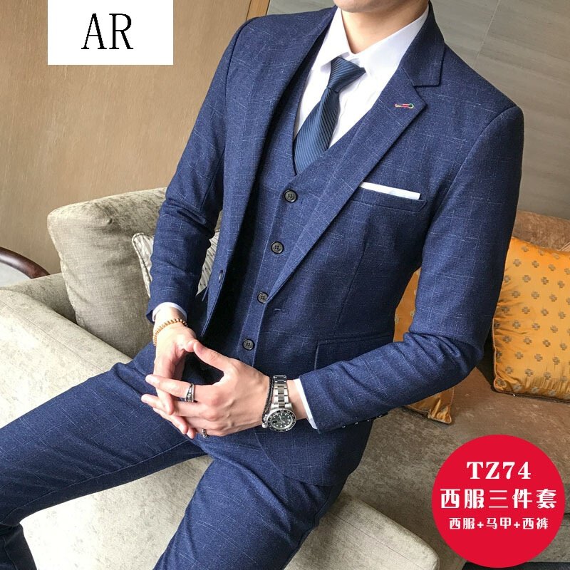 男士格子西服套装韩版修身英伦风加大码新郎结婚礼服小西装男外套