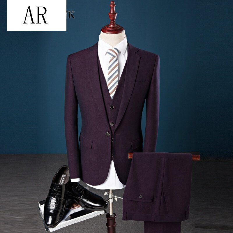 AR服男2017秋装上新男士韩版修身时尚大码西服套装男三件套结婚礼服男西装男