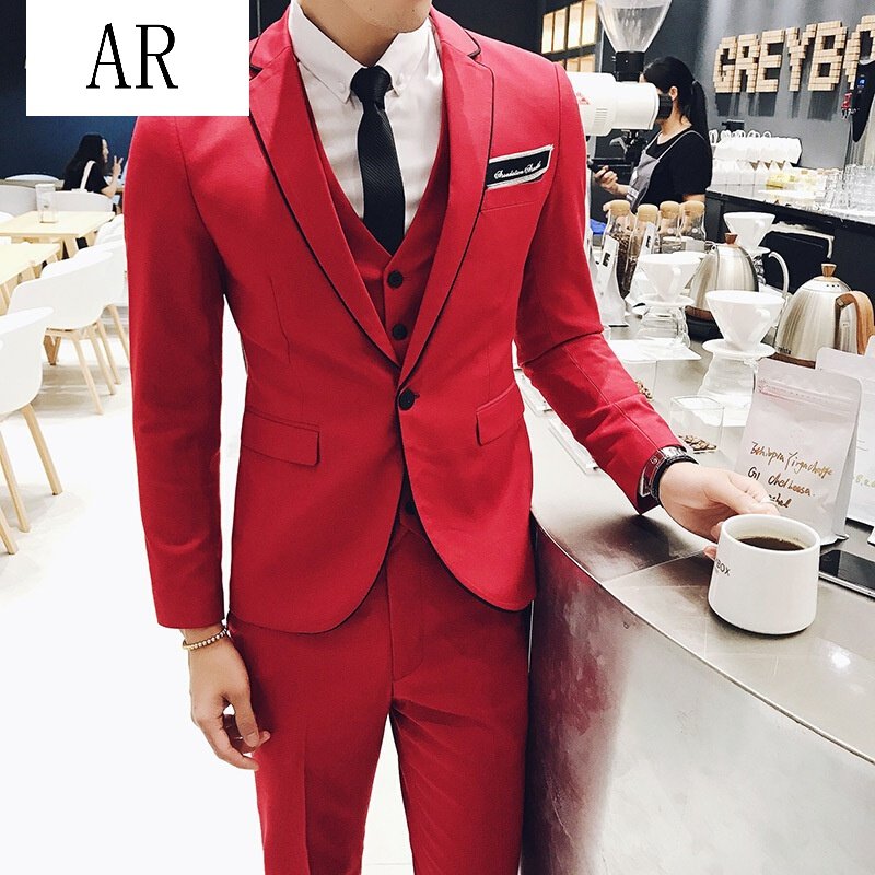AR韩版修身休闲潮流简约纯色一粒扣西服套装发型师西装马甲三件套男