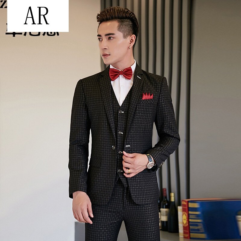 AR休闲西服套装男士青年三件套修身新郎伴郎婚礼服结婚西装男职业装
