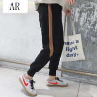 AR青年男下装冬季新款男裤子拼接撞色束脚裤学生修身潮流休闲裤黑色