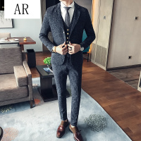 AR2017秋季新款西服三件套潮男马甲西裤西装套装复古英伦修身男一套整套西服套装黑色