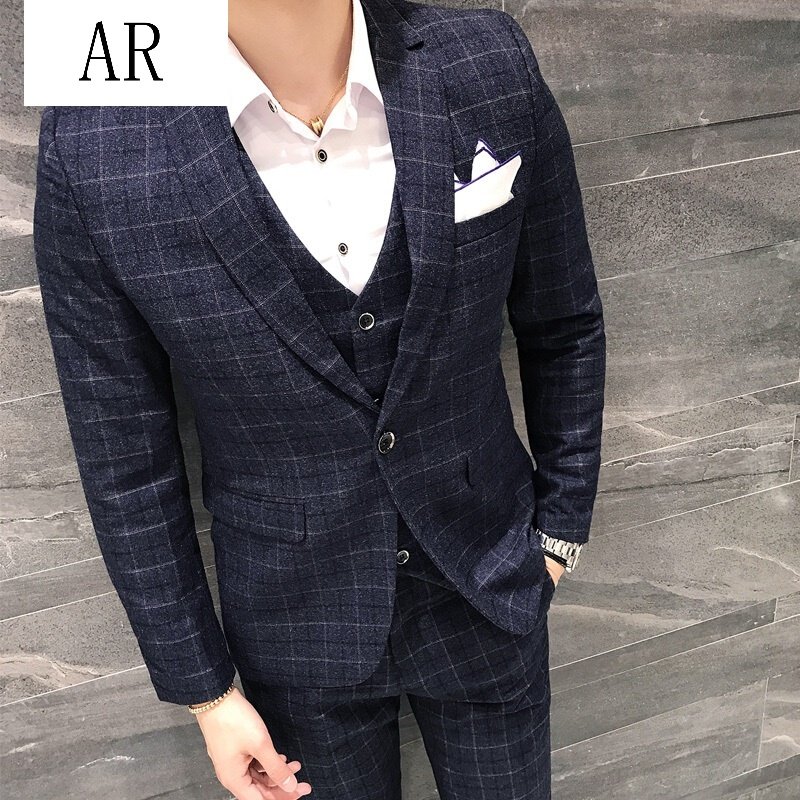 AR西服套装男春装上新大码职业正装伴郎礼服三件套韩版修身新郎结婚西装男