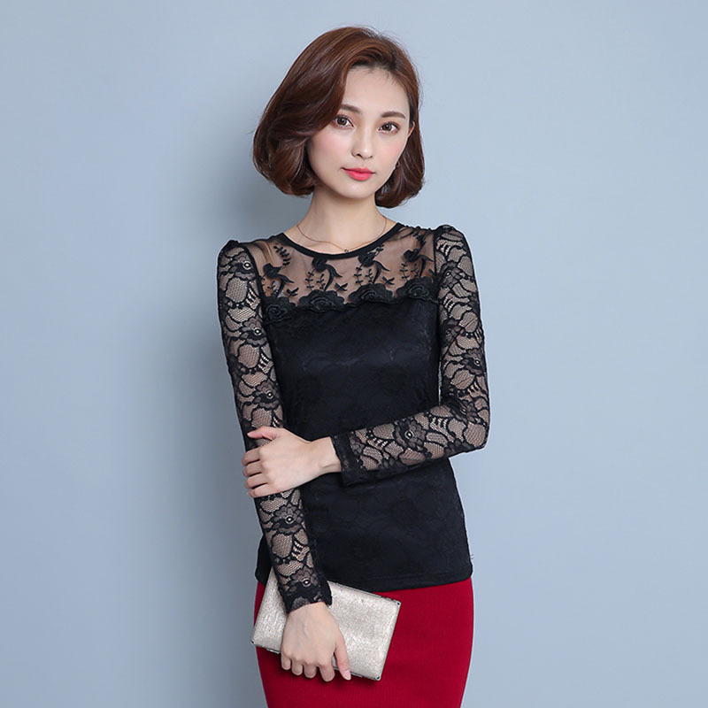 班俏春秋装新款长袖蕾丝衫女装钩花镂空上衣女士t恤韩版修身打底衫