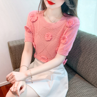 班俏BANQIAO2023夏季新款韩版甜美立体花朵冰丝针织衫女时尚减龄套头小衫上衣