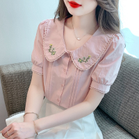 2023夏季新款韩版设计感复古绣花减龄蕾丝花边娃娃领短袖衬