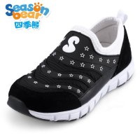 四季熊童鞋男童黑色运动鞋女童透气网鞋大童黑白新款旅游鞋波鞋