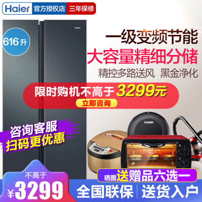 Haier/海尔 616升对开门冰箱家用大容量双变频净味抗菌一级能效风冷无霜双开门电冰箱BCD-616WGHSSEDC9
