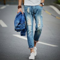 韩版牛仔裤修身男士小脚裤青年夏季男装破洞九分裤休闲长裤子