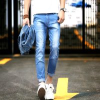 2016夏季新款九分裤弹力男士牛仔裤韩版修身小脚裤破洞潮流青年薄
