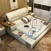 艾窝窝 榻榻米皮床简约现代真皮床双人皮艺床软体床储物婚床 1.5/1.8米 床+乳胶床垫+1床头柜送四件套 1.8*2.