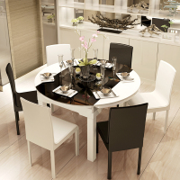 艾窝窝 6人现代简约钢化玻璃餐桌 小户型折叠伸缩圆餐桌椅组合 白色 1.35米餐桌