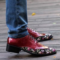 兰顿犀牛2016春季新款英伦潮流漆皮碎花布男鞋子韩版个性男士休闲皮鞋发型师尖头小皮鞋