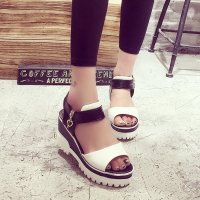 兰顿犀牛 2016春夏季新款魔术韩版松糕厚底凉鞋女鞋中跟坡跟鱼嘴罗马职业ol工作鞋平底潮凉鞋