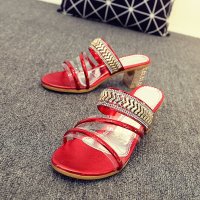 兰顿犀牛 2016夏季新款女拖鞋中跟粗跟水钻一字拖韩版镂空鱼嘴女凉扡鞋凉鞋