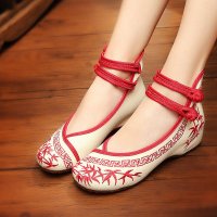 兰顿犀牛 2016春夏季新款老北京女布鞋绣花鞋广场舞蹈民族风红色布鞋内增高坡跟女士妈妈单鞋潮