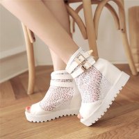 兰顿犀牛 2016春夏季新款短靴女高跟内增高鱼嘴镂空蕾丝英伦马丁靴白色甜美学院风学生凉鞋女靴