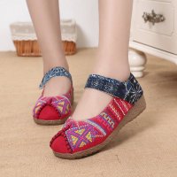 兰顿犀牛 2016春夏季新款低帮魔术贴亚麻布鞋女平跟妈妈鞋休闲布鞋女复古牛仔青年学生舞蹈鞋单