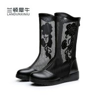 兰顿犀牛 2016夏季新款真皮网靴镂空女靴中筒靴网纱单靴子中老年妈妈靴平底坡跟夏凉靴花朵