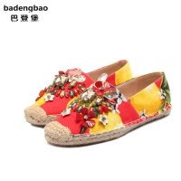 兰顿犀牛 2016春秋新款印花帆布鞋女百搭休闲平底鞋松糕麻绳底玫瑰花朵水钻渔夫鞋休闲女鞋单鞋