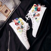 兰顿犀牛 欧洲站2016春秋季新款浅口水钻低帮小白花朵串珠潮流真皮系带学生百搭休闲鞋