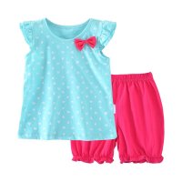 优贝艾儿婴儿衣服纯棉夏季女童夏装纯棉套装女宝宝蝴蝶结短袖套装