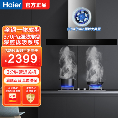 Haier海尔欧式平吸式油烟机 家用20m³大吸力不锈钢机身低噪音延时自动关闭触控面板抽油烟机CXW-219-T2901