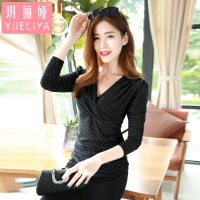 玥俪娅女装春秋款时尚气质性感V领长袖修身显瘦套头打底衫大码宽松T恤百搭纯色收腰小衫