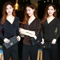 玥俪娅女装春秋新品时尚气质条纹修身显瘦收腰V领长袖短款T恤套头打底衫通勤小衫