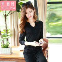 玥俪娅女装秋季新品通勤时尚V领长袖花边简约百搭时尚套头打底衫纯色T恤修身显瘦短款小衫