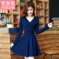 玥俪娅气质女装新品春秋长袖V领简约连衣裙纯色大方修身显瘦收腰a字打底裙短裙