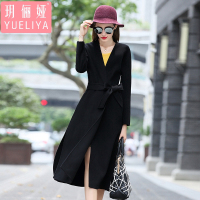 玥俪娅秋冬新品时尚气质欧美潮流手工定制双面羊绒呢大衣纯色修身显瘦开叉长款过膝V领保暖外套