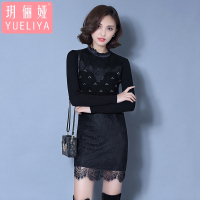 玥俪娅秋冬女装新品时尚气质修身显瘦加绒保暖连衣裙 针织蕾丝拼接立领花边套头纯色简约百搭打底衫