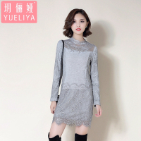 玥俪娅秋冬保暖加绒女装时尚气质修身显瘦简约百搭蕾丝针织套头打底衫镂空性感纯色 连衣裙