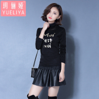 玥俪娅秋冬女装小衫T恤时尚气质修身显瘦简约百搭字母蕾丝高领加绒保暖套头短款打底衫