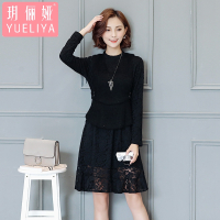 玥俪娅女装秋冬韩版修身显瘦假两件马甲貂绒蕾丝性感加绒保暖时尚简约百搭圆领连衣裙