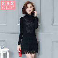 玥俪娅秋冬女装时尚OL通勤蕾丝镂空高领简约百搭加绒保暖修身显瘦针织打底衫纯色连衣裙