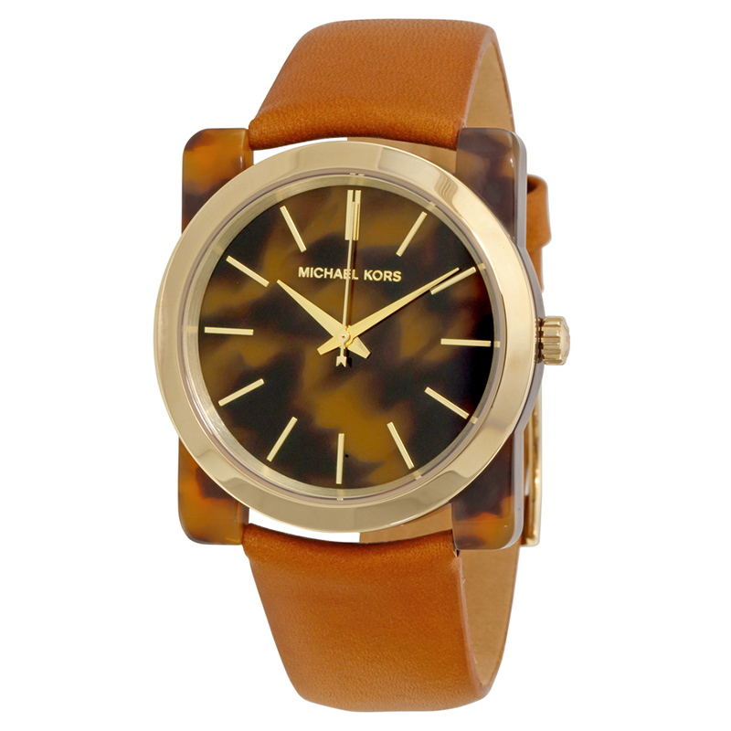 michaelkors女表时尚简约棕色牛皮表带防水石英女士手表mk2484