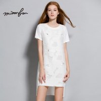 MIRROR FUN 2016夏装新款拼接立体提花钉珠前短后长短袖连衣裙女