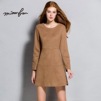 MIRROR FUN2016春装新款通勤A字裙纯色极简麂皮显瘦长袖连衣裙女