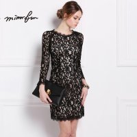 MIRRORFUN2016春装新款 欧美高端修身长袖镂空蕾丝连衣裙透视装