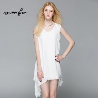 MIRROR FUN2016夏装新款不规则白色长裙无袖沙滩裙子雪纺连衣裙女