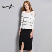 MIRRORFUN 2016春装新款 简约条纹宽松针织衫女长袖套头打底毛衣