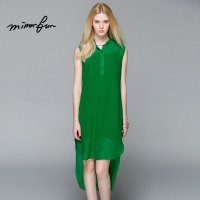 MIRROR FUN2016夏装新款无袖衬衫长裙绿色中长款裙子雪纺连衣裙女