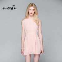 MIRROR FUN2016夏装新款纯色无袖露背礼服中裙收腰雪纺连衣裙女