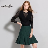 MIRRORFUN 2016春装新款 百搭圆领紧身镂空打底针织衫长袖t恤女